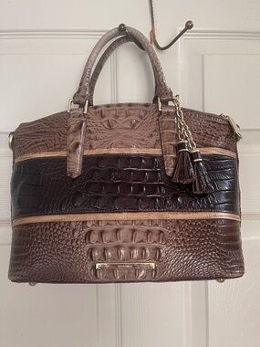 Brahmin Croc Embossed Leather Satchel Brown Colorblock Double Handle Bag